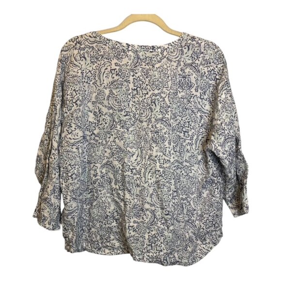 J. Jill Blouse Women's Size Large Petite Love Linen Floral V-Neck Purple White - Picture 2 of 4